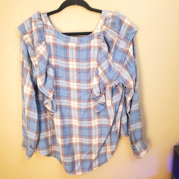 Mossimo Blue Plaid Long Sleeve Button Up V-Neck Blouse Plus Size XXL 2XL - Picture 6 of 9